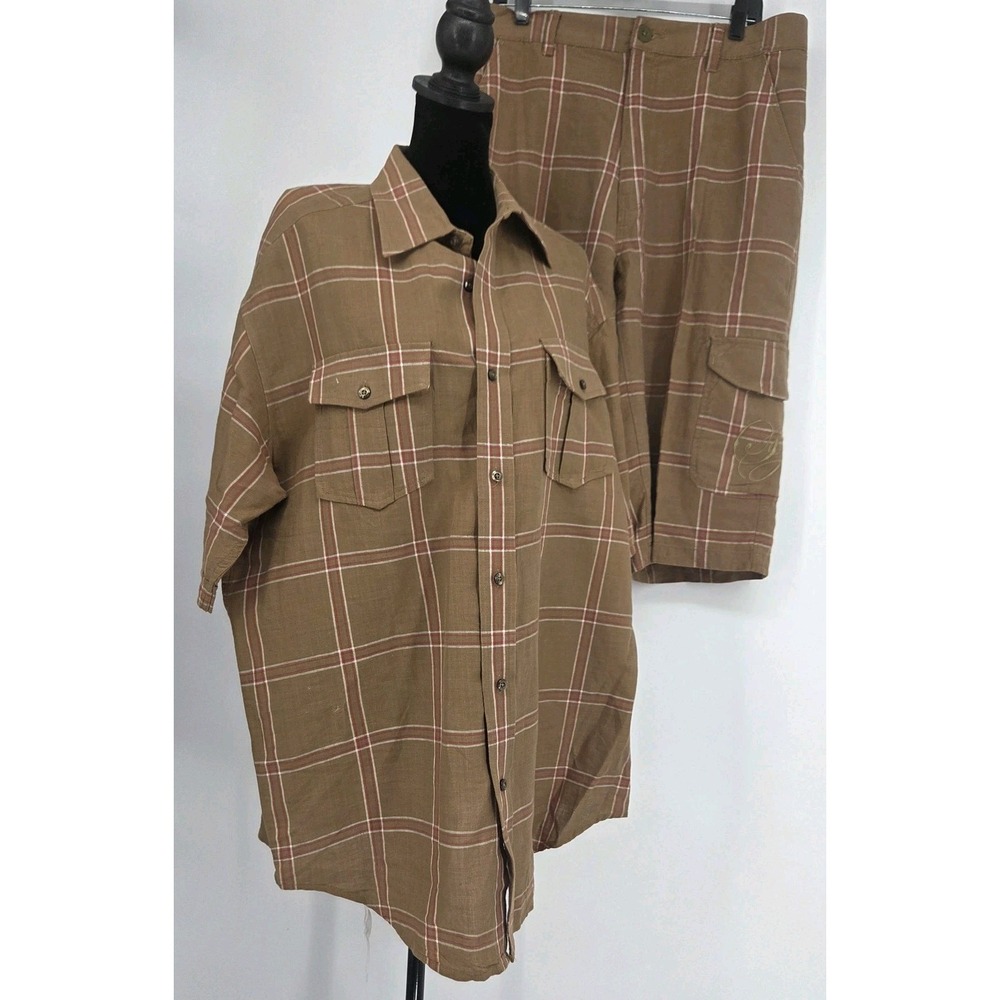 Vtg Sean John Linen Matching Set Shirt XL Shorts 34 Plaid Brown Red Y2K Co-ord